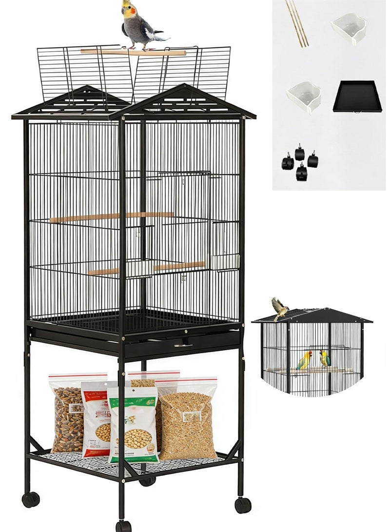 Kidle Open Top Standing Bird Cage Parrot Cage Bird House with Removable Tray Storage Rack Parakeet  Birdcage with Rolling Stand - Image 1